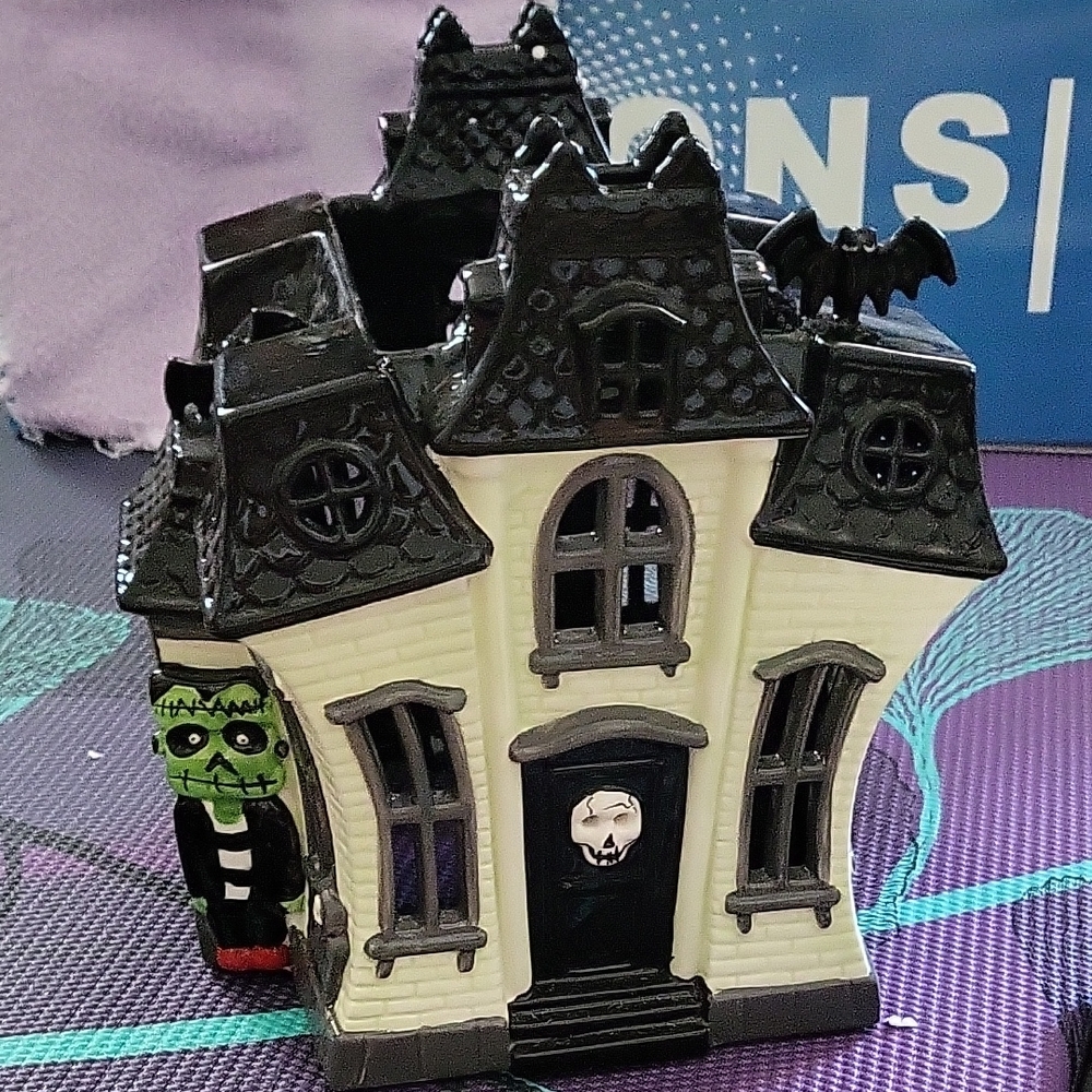 Haunted House Figurine with Frankenstein and Bat